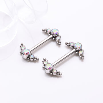 Detail View 1 of A Pair of Implant Grade Titanium Sparkle Bali Arc Internally Threaded Nipple Barbell-Aurora Borealis